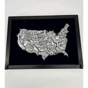 Vtg Fred Szatkowski Pewter Cast USA 3D 43 Piece Animal Map Puzzle Dark Blue Trim